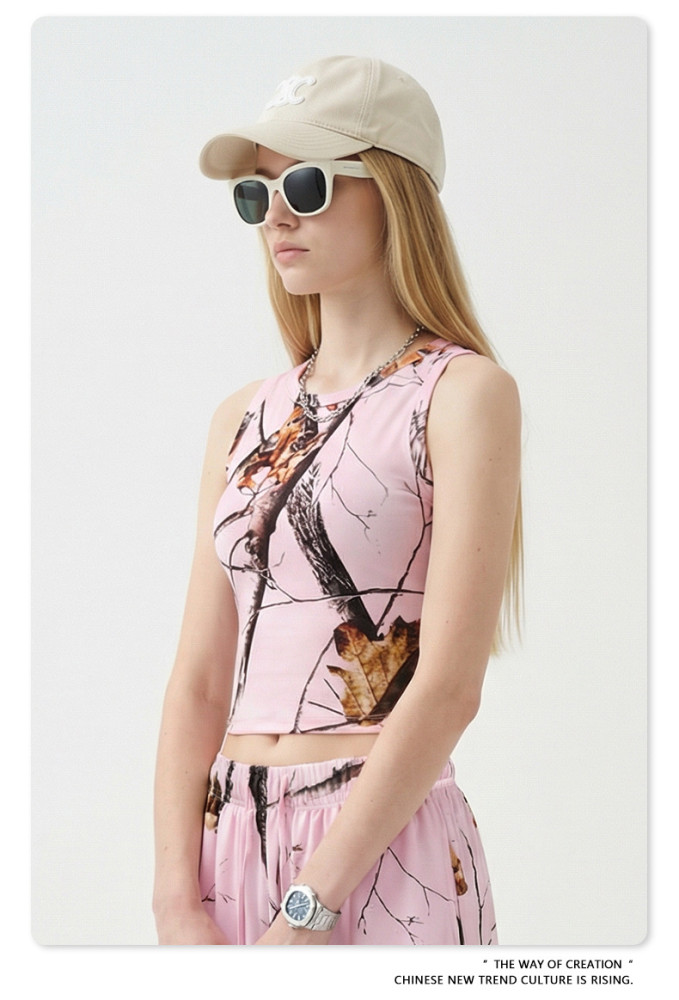 Summer cross-border European and American hot girl leaf pattern sports vest slim fit casual top women's