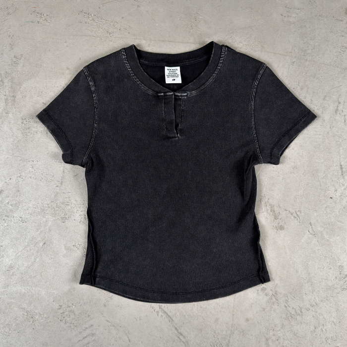 Summer New Casual Retro Washed Distressed T-Shirt Fashionable Slim Fit High Elastic Small V-Neck Short Sleeve Women's