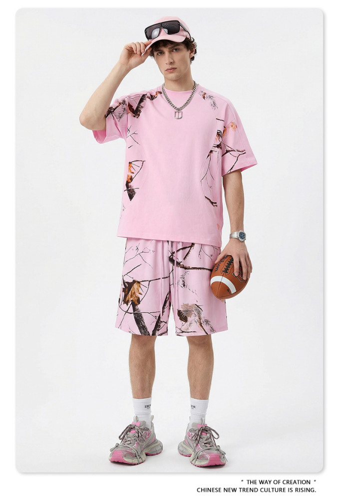New Spring Summer American Style Leaf Heat Transfer Patchwork Short-Sleeve T-Shirt for Men - Quick-Drying Sports Casual Top