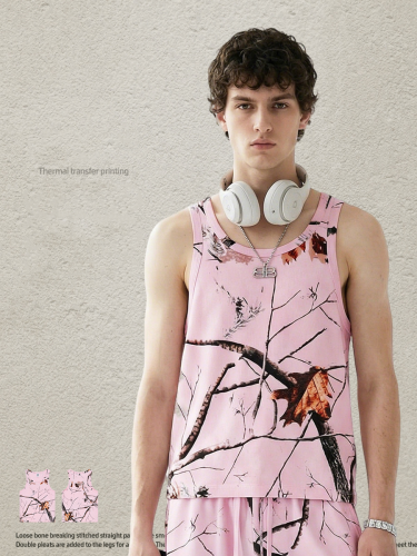 New summer American trendy brand leaf-patterned loose-fitting sports top, casual fitness tank top for men.