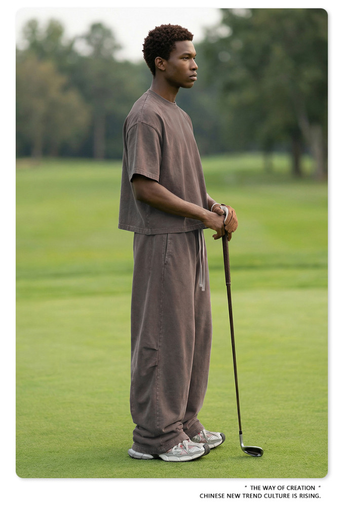 Retro washed short-sleeved T-shirt, curved straight-leg trousers, BOXY two-piece distressed casual suit
