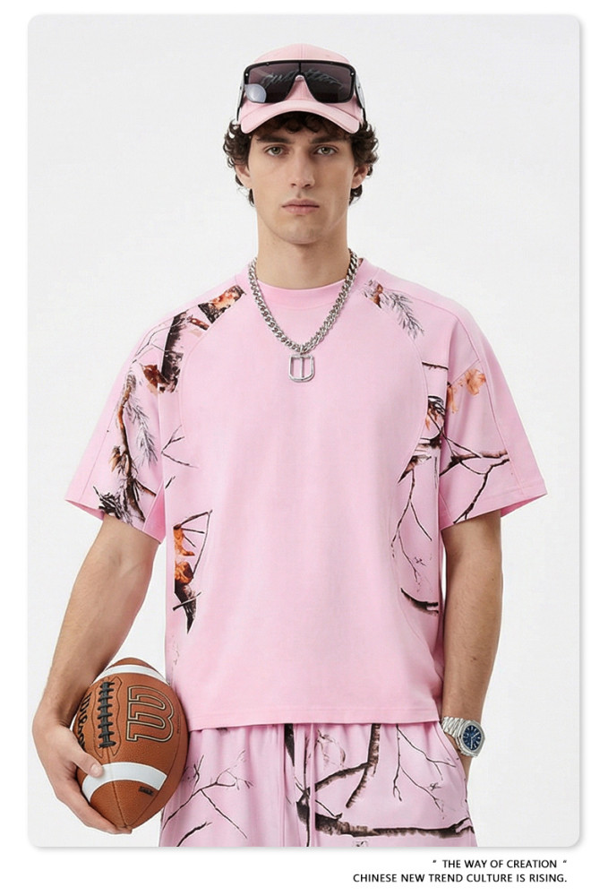 New Spring Summer American Style Leaf Heat Transfer Patchwork Short-Sleeve T-Shirt for Men - Quick-Drying Sports Casual Top