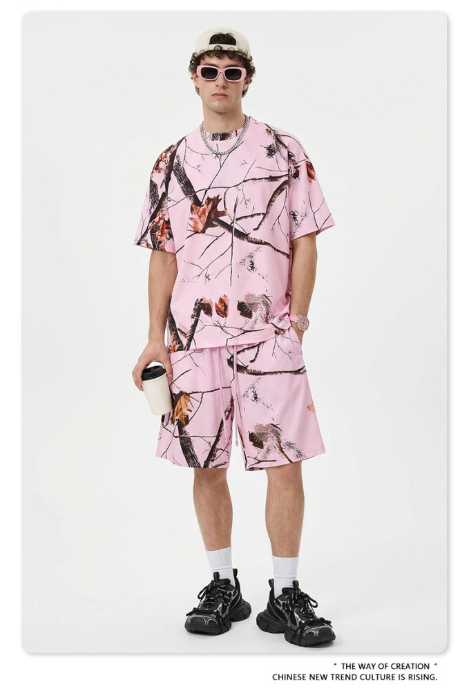 Summer American streetwear brand heat transfer leaf pattern loose short-sleeved t-shirt casual sportswear men's top