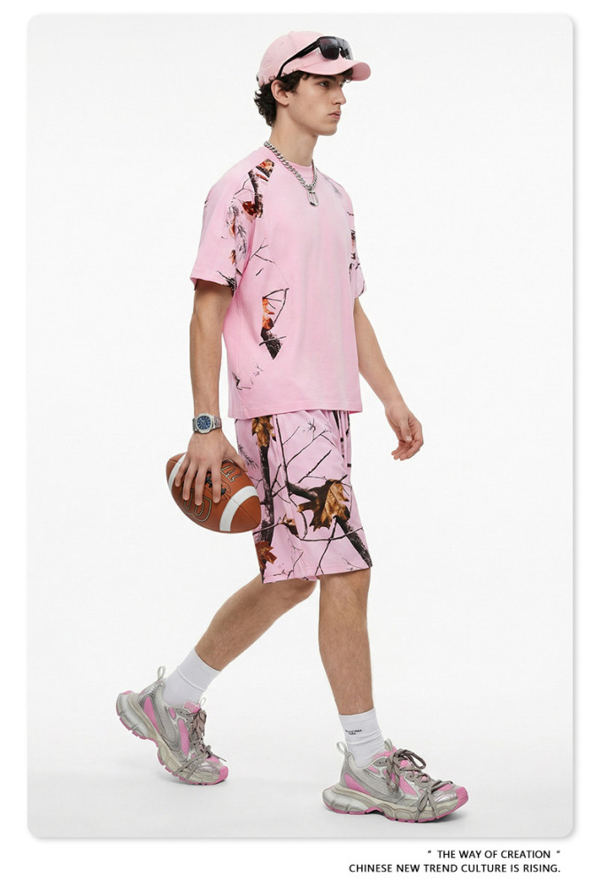 New Spring Summer American Style Leaf Heat Transfer Patchwork Short-Sleeve T-Shirt for Men - Quick-Drying Sports Casual Top