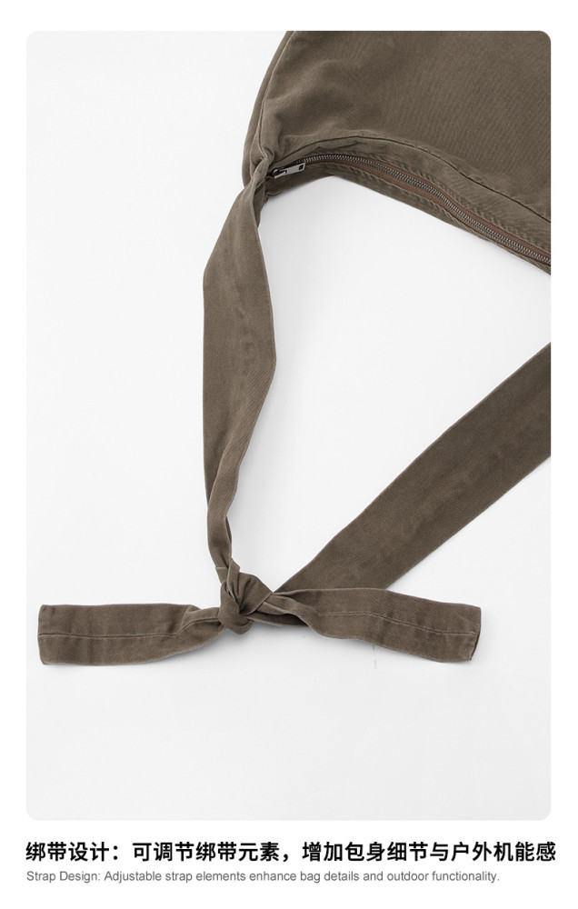 Retro-style washed and tied twill crossbody bag, suitable for commuting and heavy-duty shoulder crossbody use.