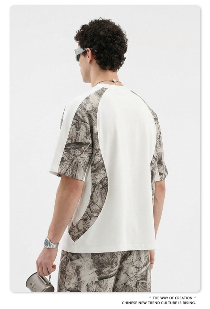 Summer American streetwear brand heat transfer camouflage patchwork short-sleeved T-shirt for men, casual sportswear, quick-drying.
