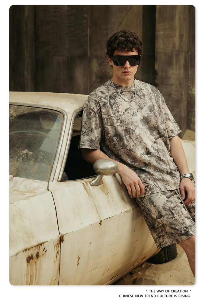 Summer American Camouflage Heat Transfer Short-Sleeve T-Shirt Casual Loose Quick-Drying Shorts Set for Men