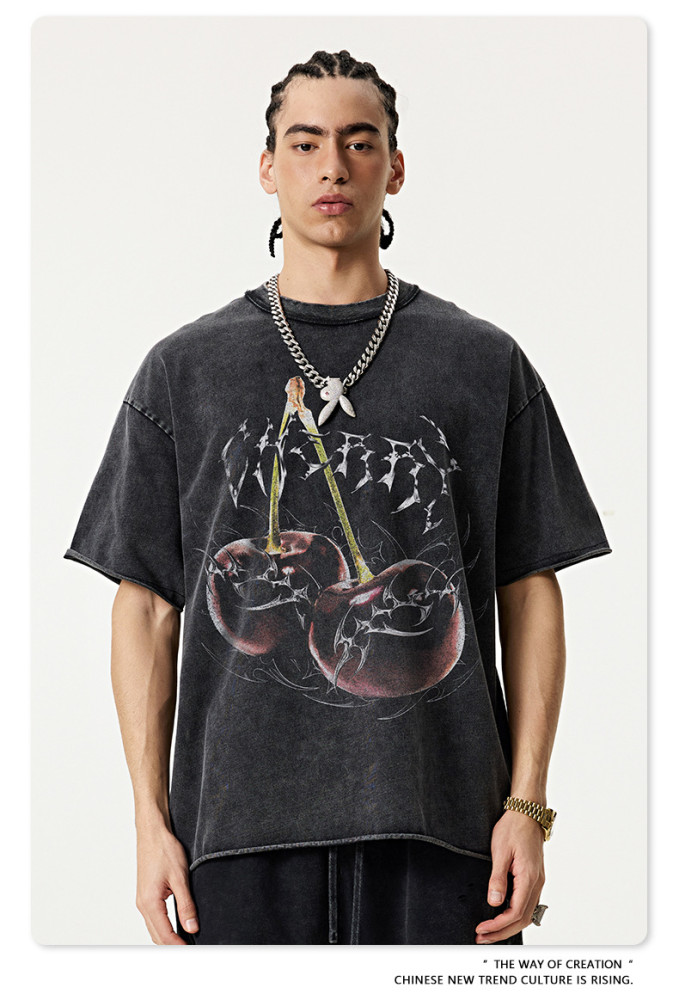 Retro digital direct-injection cherry print short-sleeved high-street trendy loose-fitting washed T-shirt for men, summer.