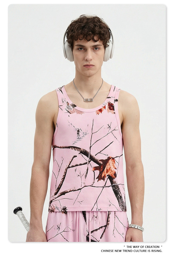 New summer American trendy brand leaf-patterned loose-fitting sports top, casual fitness tank top for men.