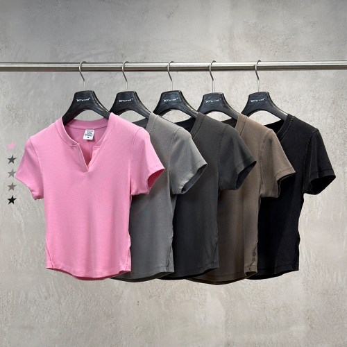 Summer New Casual Retro Washed Distressed T-Shirt Fashionable Slim Fit High Elastic Small V-Neck Short Sleeve Women's