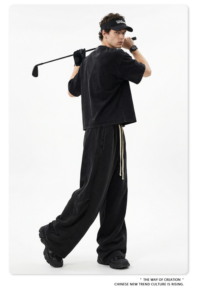 Retro washed short-sleeved T-shirt, curved straight-leg trousers, BOXY two-piece distressed casual suit
