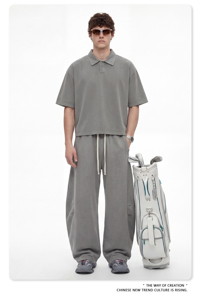 Retro washed polo collar short-sleeved curved straight-leg trousers two-piece sporty casual set