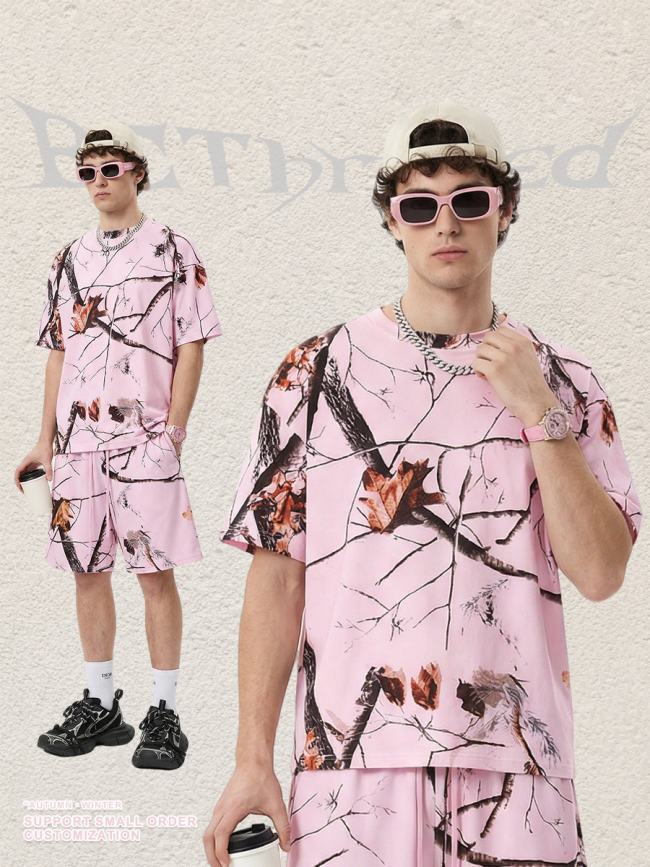 Summer American streetwear brand heat transfer leaf pattern loose short-sleeved t-shirt casual sportswear men's top