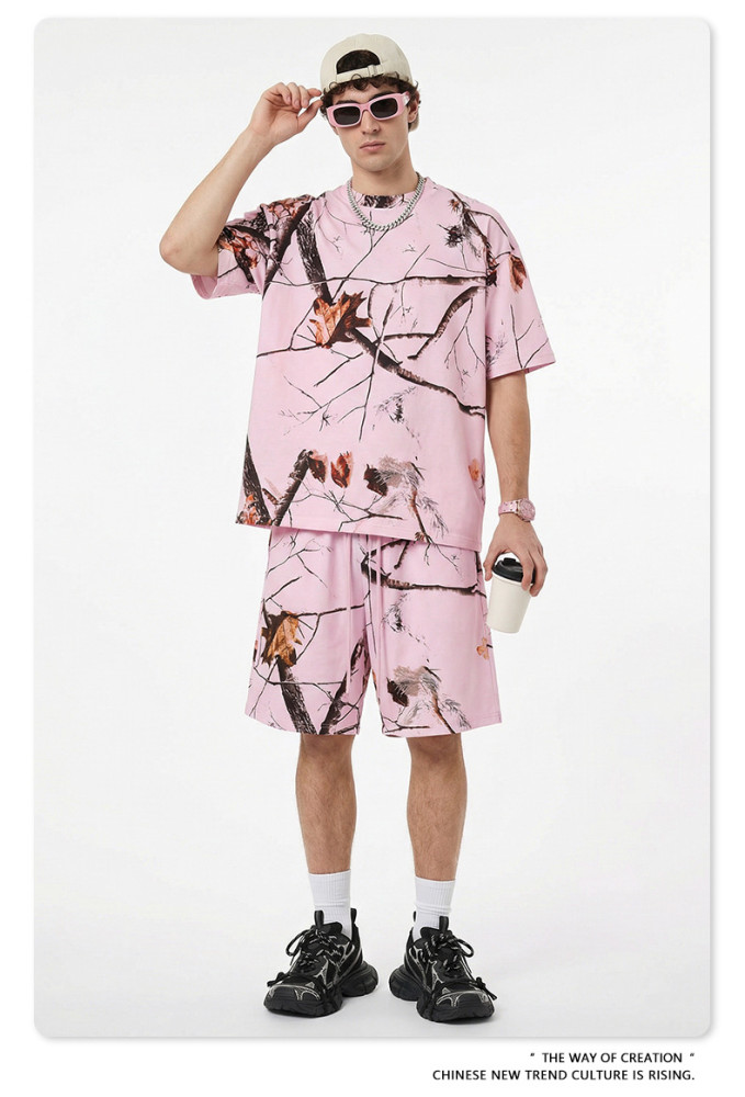 Summer American streetwear brand heat transfer leaf pattern loose short-sleeved t-shirt casual sportswear men's top