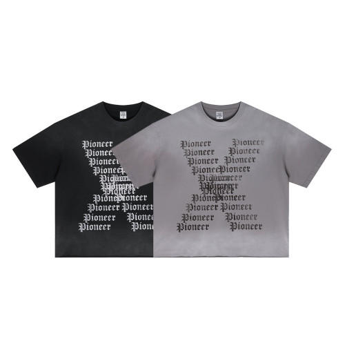 Streetwear high-street dark style distressed wash, monkey-print frayed edges, gothic letter T-shirt for men, summer