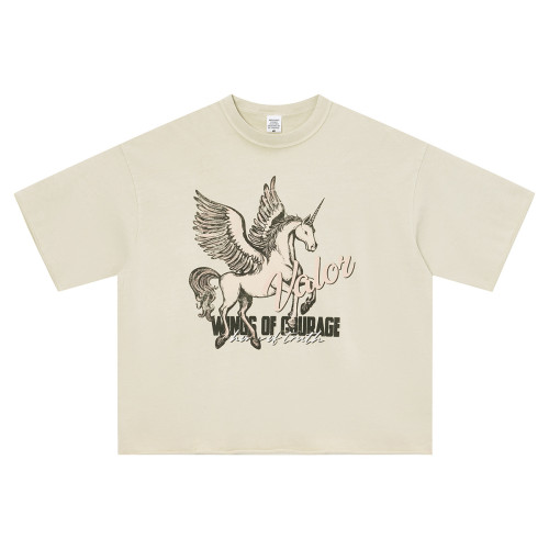 Spring New Trendy Brand Washed Retro Rolled Hem Short-Sleeve T-Shirt Pegasus Print Men's T-Shirt