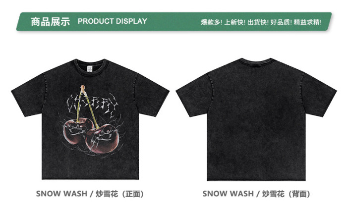 Retro digital direct-injection cherry print short-sleeved high-street trendy loose-fitting washed T-shirt for men, summer.