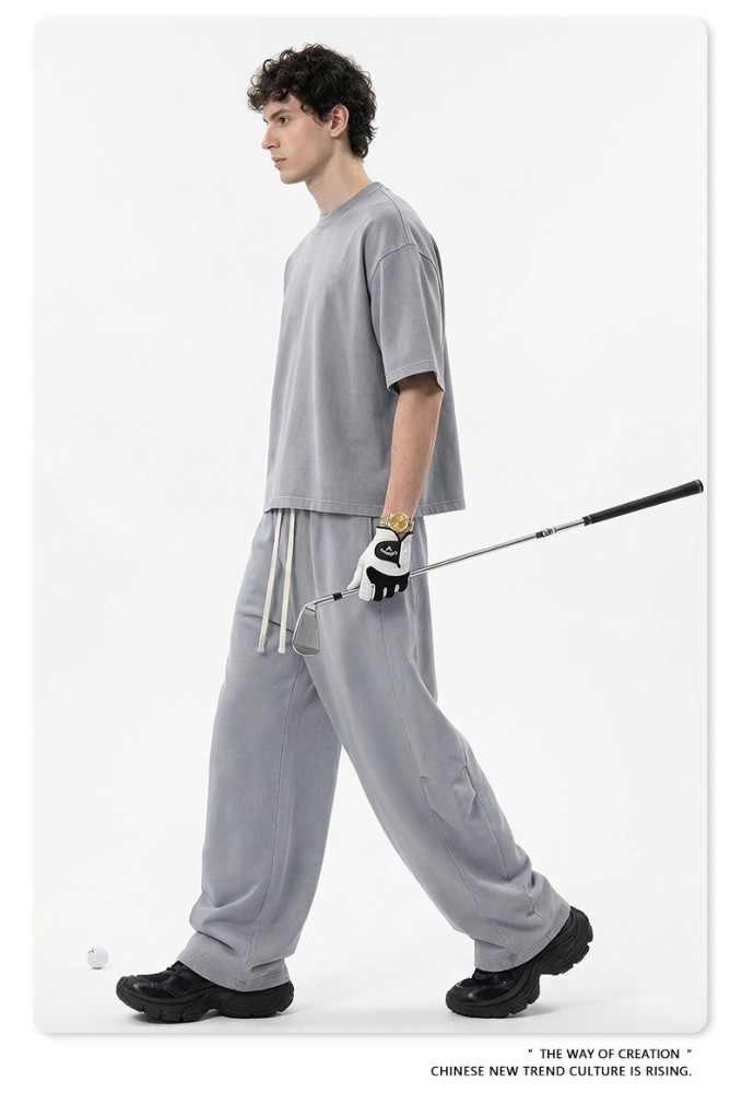 Retro washed short-sleeved T-shirt, curved straight-leg trousers, BOXY two-piece distressed casual suit