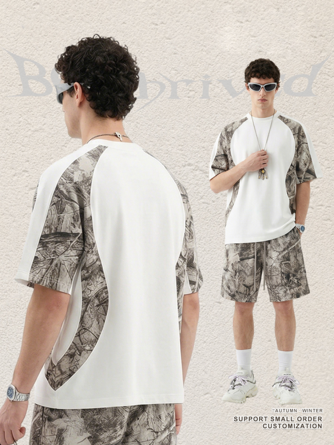 Summer American streetwear brand heat transfer camouflage patchwork short-sleeved T-shirt for men, casual sportswear, quick-drying.
