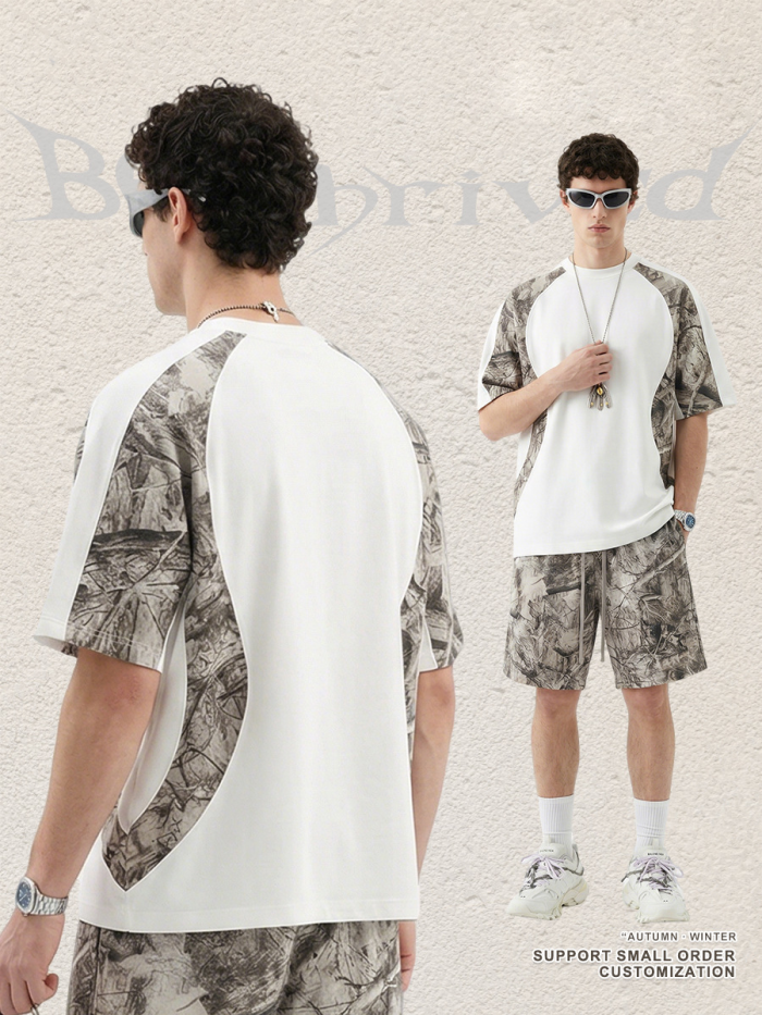 Summer American streetwear brand heat transfer camouflage patchwork short-sleeved T-shirt for men, casual sportswear, quick-drying.