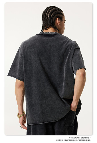 Retro digital direct-injection cherry print short-sleeved high-street trendy loose-fitting washed T-shirt for men, summer.