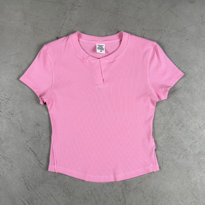 Summer New Casual Retro Washed Distressed T-Shirt Fashionable Slim Fit High Elastic Small V-Neck Short Sleeve Women's