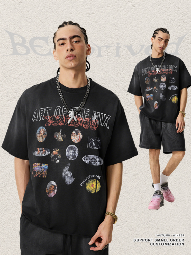 Retro distressed print monkey-print short-sleeved T-shirt for men, loose fit, trendy brand, couple style.