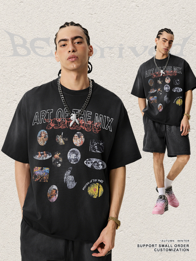 Retro distressed print monkey-print short-sleeved T-shirt for men, loose fit, trendy brand, couple style.