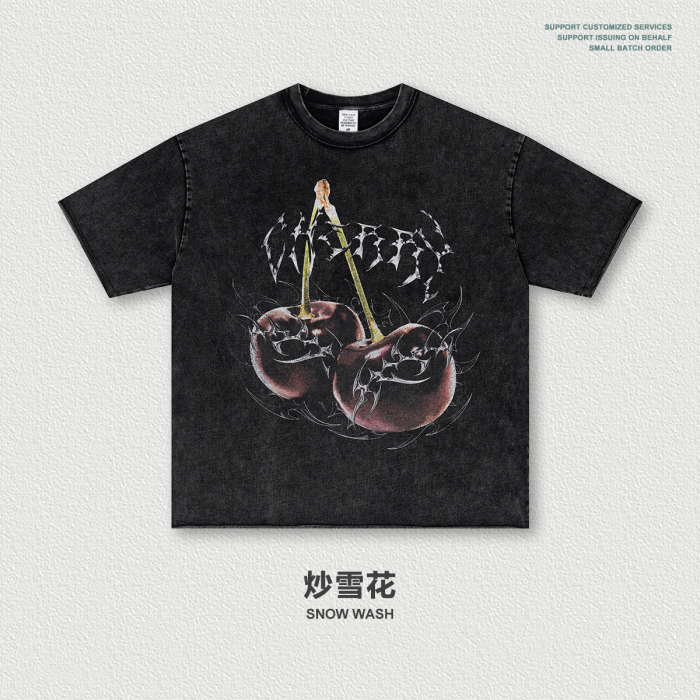 Retro digital direct-injection cherry print short-sleeved high-street trendy loose-fitting washed T-shirt for men, summer.