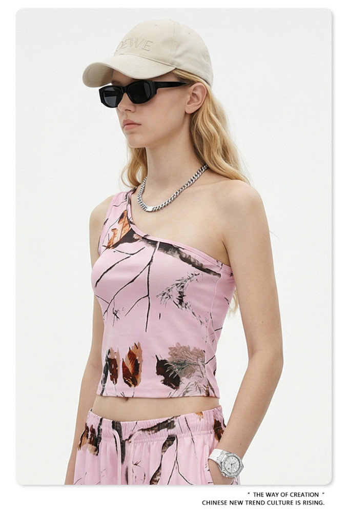 Summer American-style off-shoulder leaf camouflage vest, sexy style, slim fit, suspender sports vest for women.