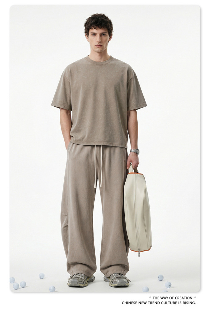 Retro washed short-sleeved T-shirt, curved straight-leg trousers, BOXY two-piece distressed casual suit