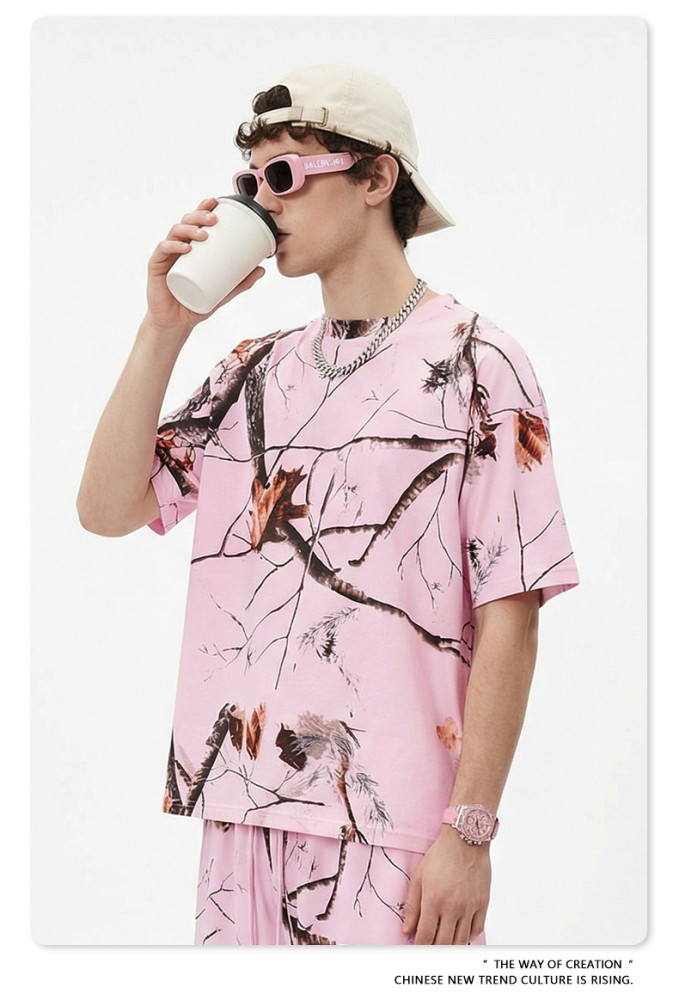 Summer American streetwear brand heat transfer leaf pattern loose short-sleeved t-shirt casual sportswear men's top