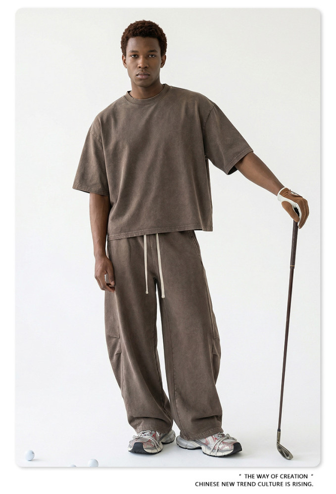 Retro washed short-sleeved T-shirt, curved straight-leg trousers, BOXY two-piece distressed casual suit