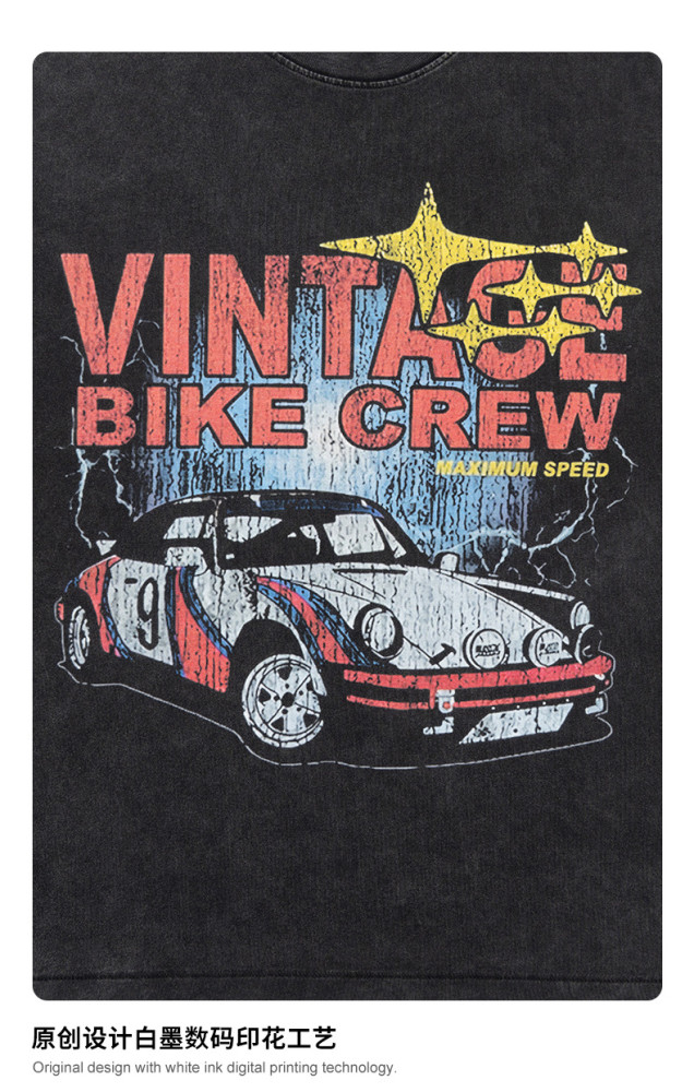 Streetwear high-street loose racing print top/t-shirt with snowflake pattern, distressed wash, drop shoulder short sleeves
