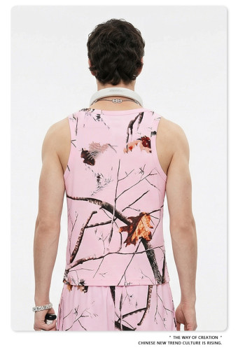 New summer American trendy brand leaf-patterned loose-fitting sports top, casual fitness tank top for men.