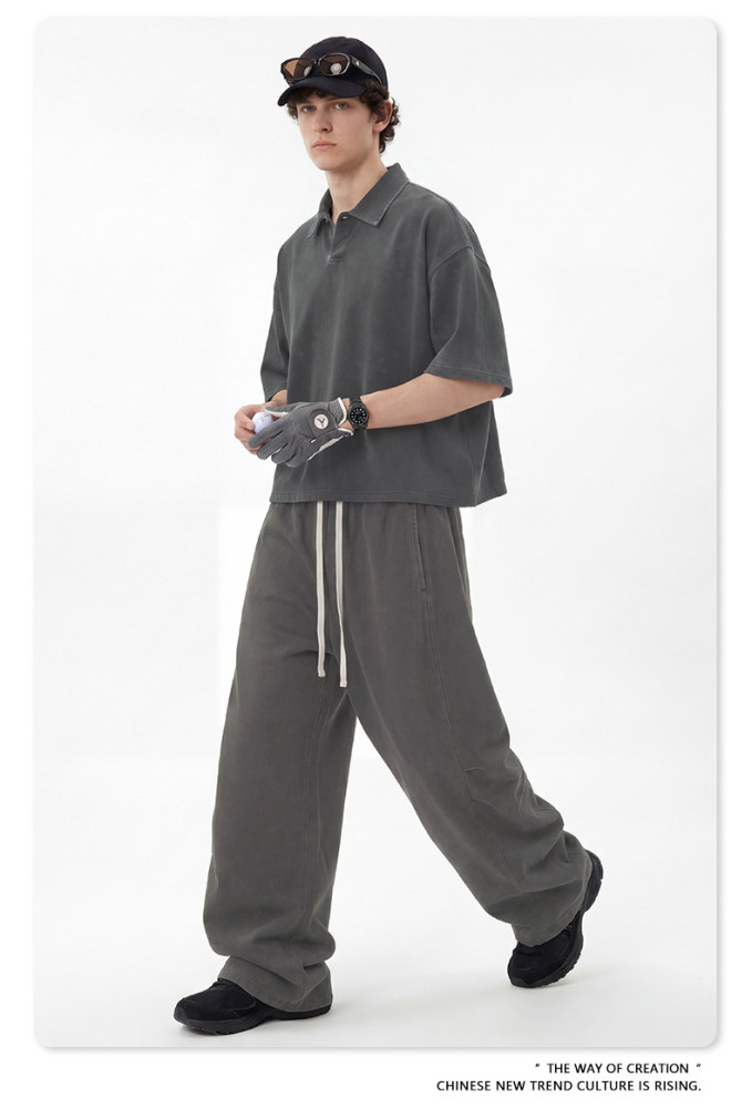 Retro washed polo collar short-sleeved curved straight-leg trousers two-piece sporty casual set