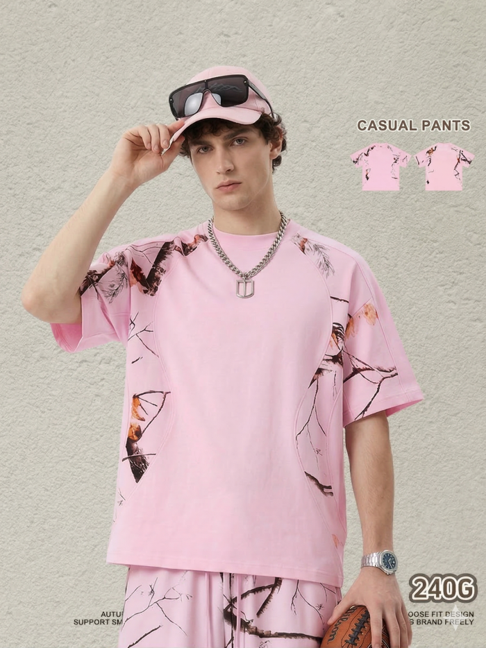New Spring Summer American Style Leaf Heat Transfer Patchwork Short-Sleeve T-Shirt for Men - Quick-Drying Sports Casual Top