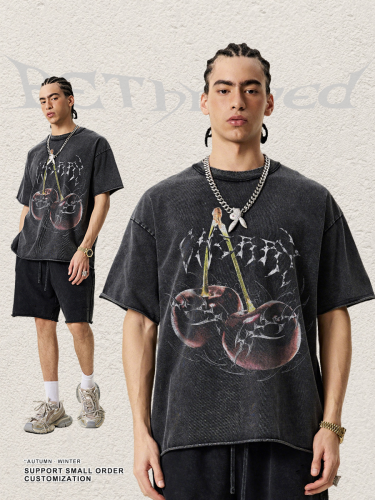 Retro digital direct-injection cherry print short-sleeved high-street trendy loose-fitting washed T-shirt for men, summer.