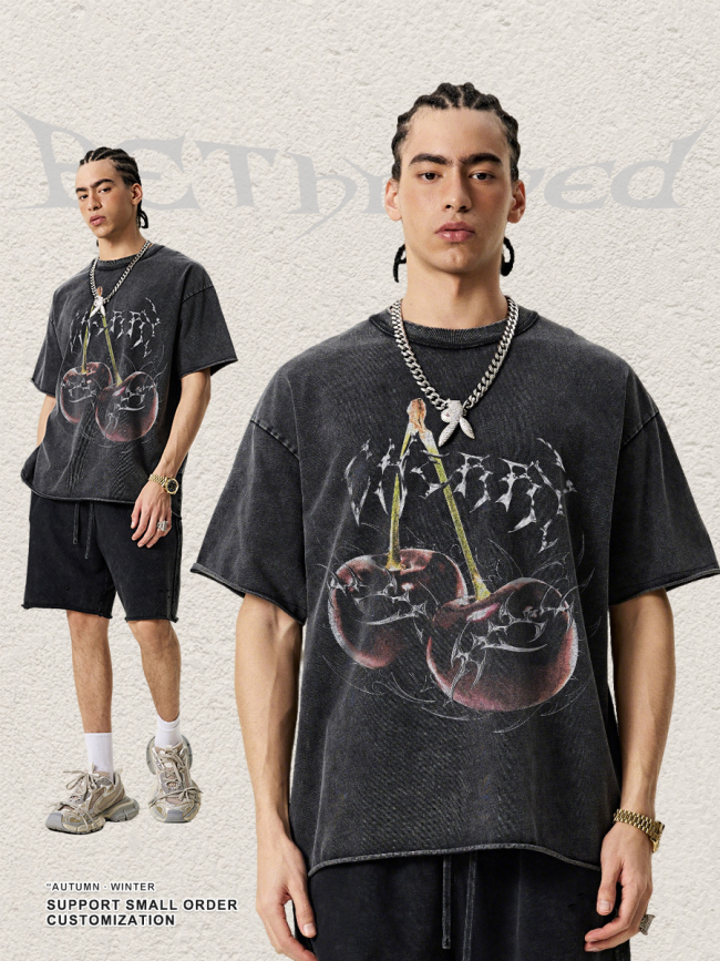 Retro digital direct-injection cherry print short-sleeved high-street trendy loose-fitting washed T-shirt for men, summer.