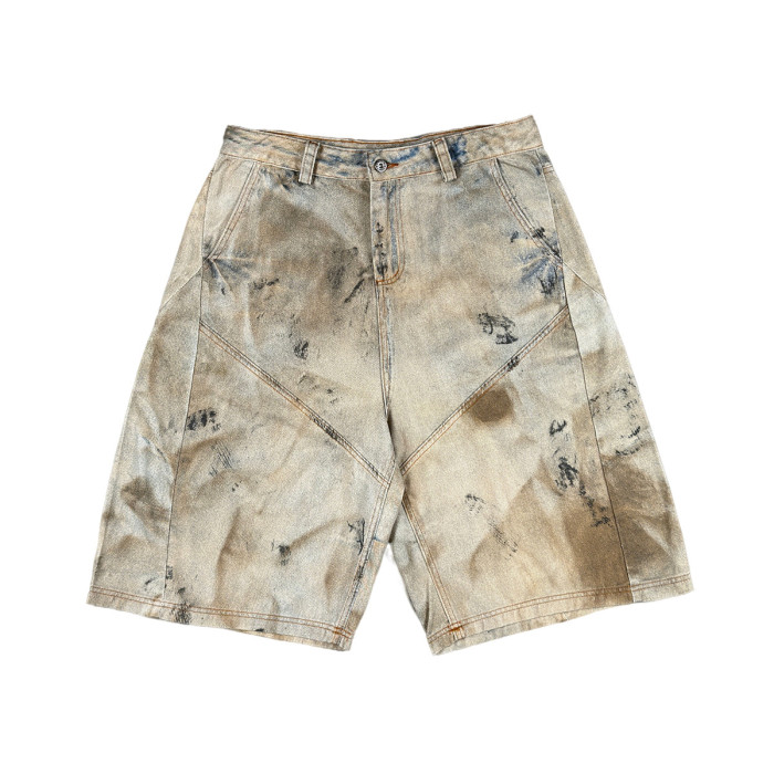 Summer retro high street muddy yellow denim textured shorts, Cityboy style loose casual capri pants