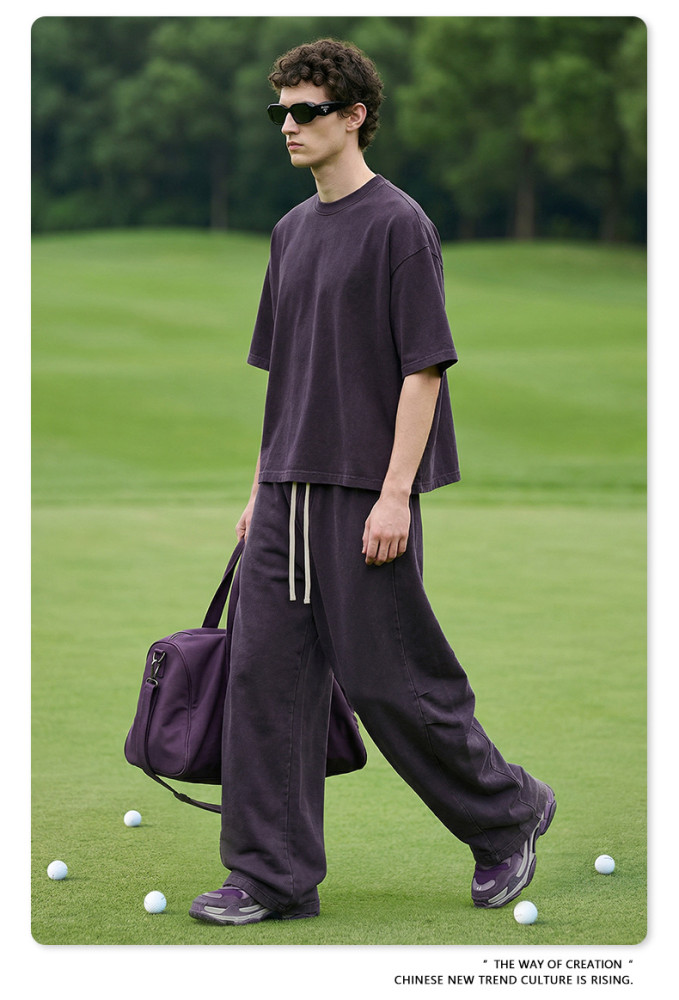 Retro washed short-sleeved T-shirt, curved straight-leg trousers, BOXY two-piece distressed casual suit