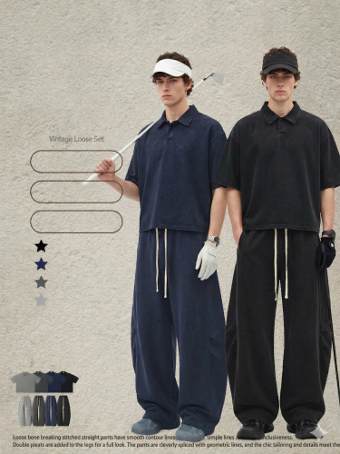 Retro washed polo collar short-sleeved curved straight-leg trousers two-piece sporty casual set