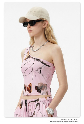 Summer American-style off-shoulder leaf camouflage vest, sexy style, slim fit, suspender sports vest for women.