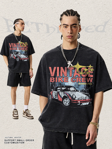Streetwear high-street loose racing print top/t-shirt with snowflake pattern, distressed wash, drop shoulder short sleeves