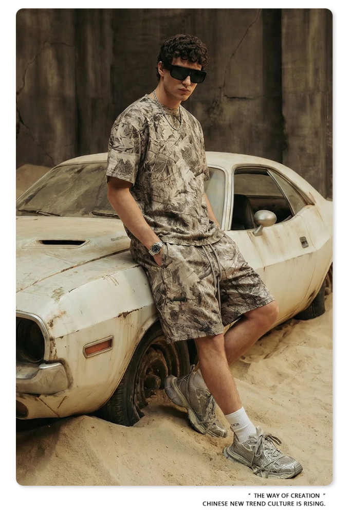 Summer American Camouflage Heat Transfer Short-Sleeve T-Shirt Casual Loose Quick-Drying Shorts Set for Men