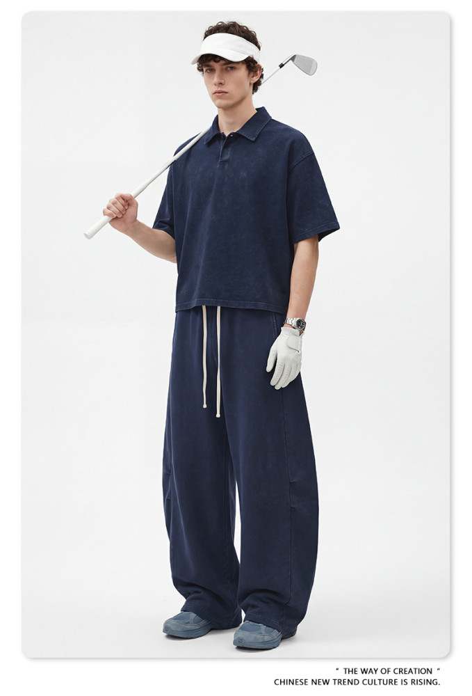 Retro washed polo collar short-sleeved curved straight-leg trousers two-piece sporty casual set