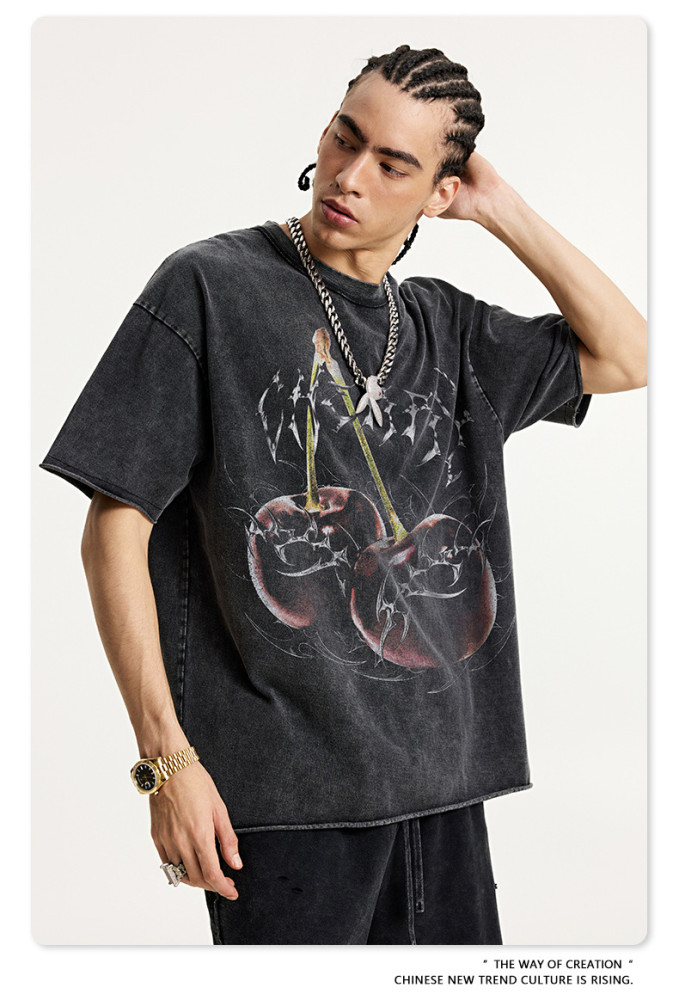 Retro digital direct-injection cherry print short-sleeved high-street trendy loose-fitting washed T-shirt for men, summer.