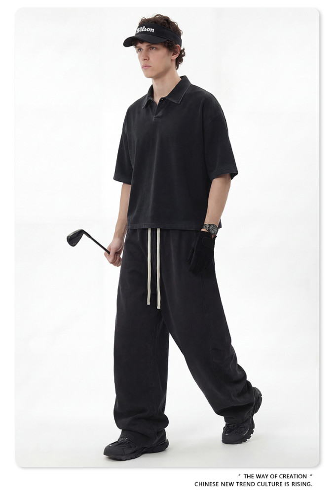 Retro washed polo collar short-sleeved curved straight-leg trousers two-piece sporty casual set
