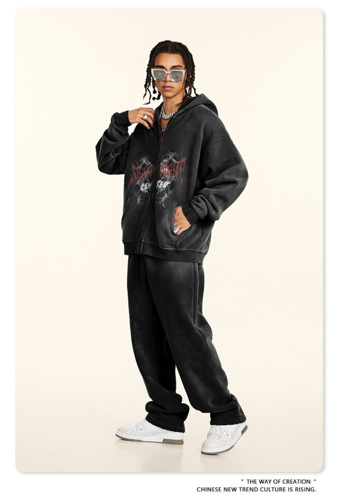 Autumn trendy gothic style zip-up hooded sweatshirt oversized cardigan jacket for men
