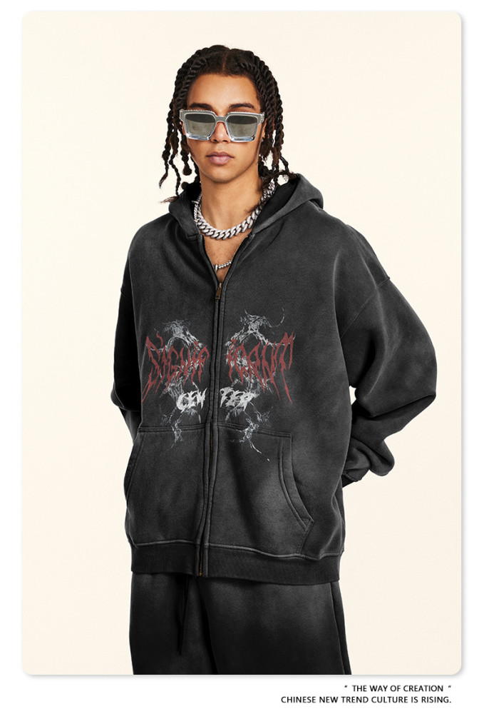 Autumn trendy gothic style zip-up hooded sweatshirt oversized cardigan jacket for men
